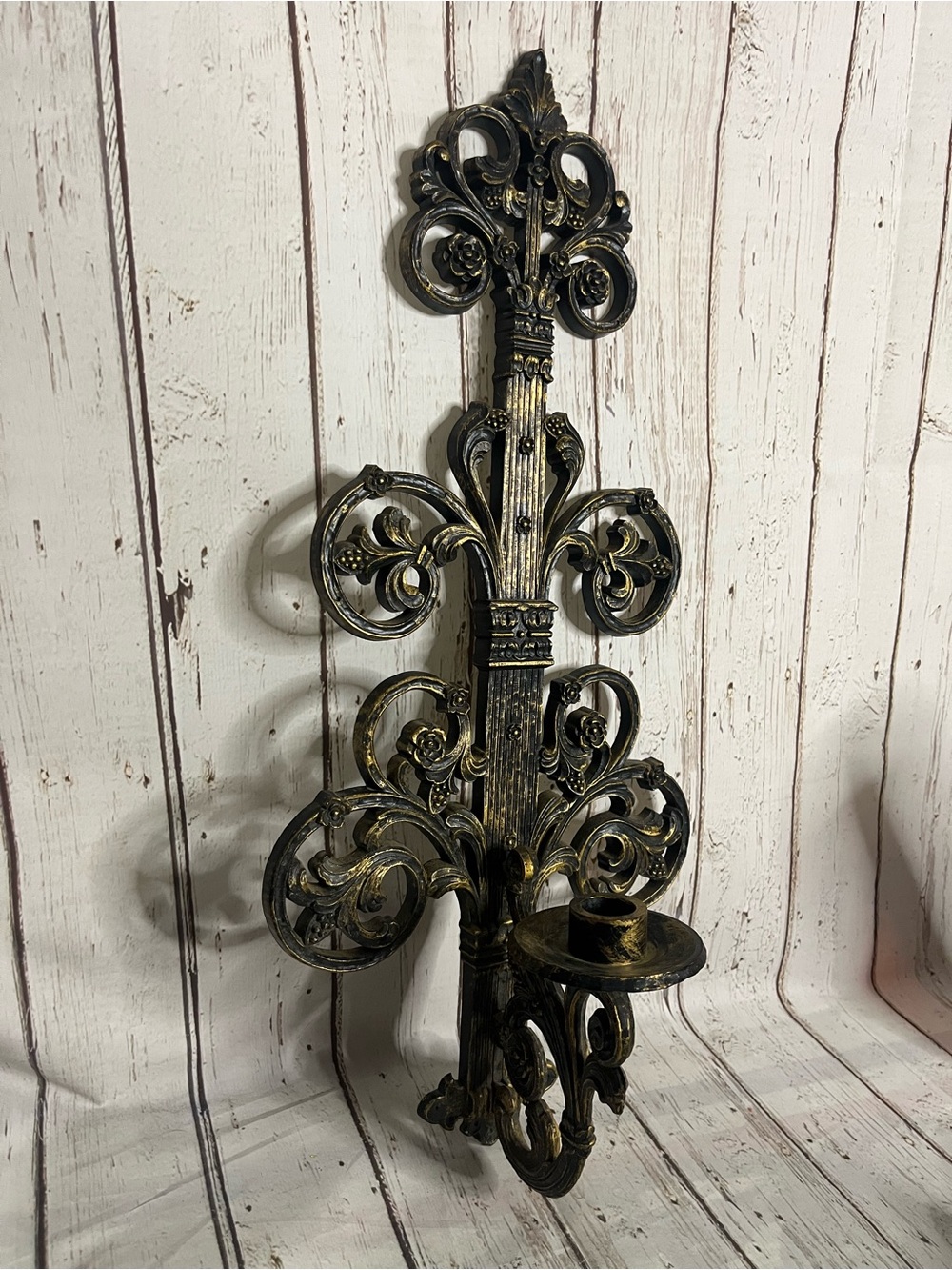 Gothic Floral 21" Wall Candelabra Sconce Vintage Black & Gold HOMCO USA